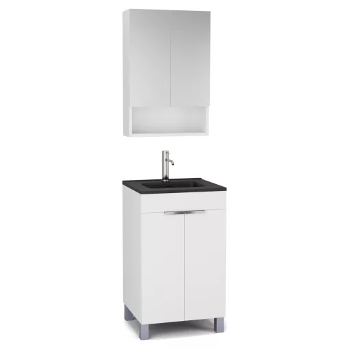 HD Paris Matt White 50 komplett fürdőszoba bútor álló mosdószekrénnyel, fényes króm elemekkel, matt fekete slim mosdóval és tükrös szekrénnyel