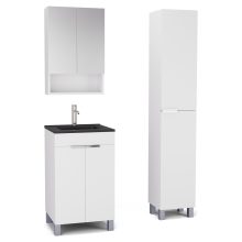 HD Paris Matt White 50 komplett fürdőszoba bútor szett álló mosdószekrénnyel, fényes króm elemekkel, matt fekete slim mosdóval, tükrös szekrénnyel és magasszekrénnyel