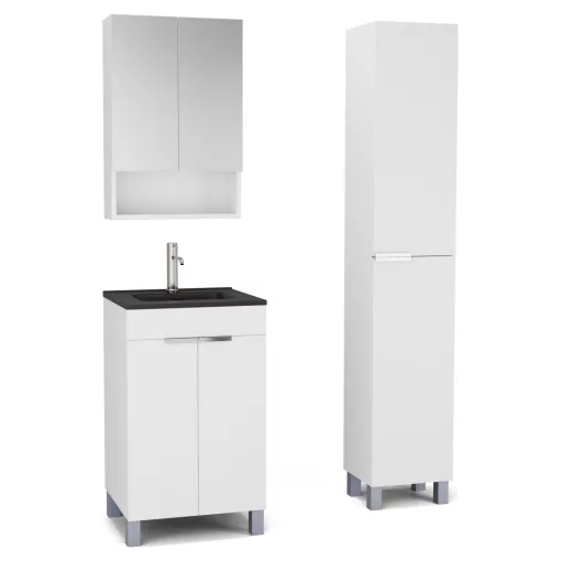HD Paris Matt White 50 komplett fürdőszoba bútor szett álló mosdószekrénnyel, fényes króm elemekkel, matt fekete slim mosdóval, tükrös szekrénnyel és magasszekrénnyel