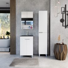 HD Paris Matt White 50 komplett fürdőszoba bútor szett álló mosdószekrénnyel, fényes króm elemekkel, matt fekete slim mosdóval, tükrös szekrénnyel és magasszekrénnyel