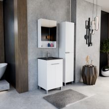 HD Paris Matt White 50 komplett fürdőszoba bútor szett álló mosdószekrénnyel, fényes króm elemekkel, matt fekete slim mosdóval, tükrös szekrénnyel és magasszekrénnyel