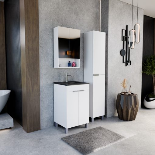 HD Paris Matt White 50 komplett fürdőszoba bútor szett álló mosdószekrénnyel, fényes króm elemekkel, matt fekete slim mosdóval, tükrös szekrénnyel és magasszekrénnyel