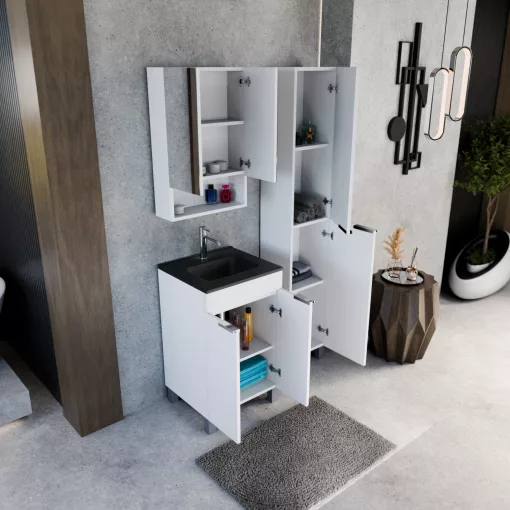 HD Paris Matt White 50 komplett fürdőszoba bútor szett álló mosdószekrénnyel, fényes króm elemekkel, matt fekete slim mosdóval, tükrös szekrénnyel és magasszekrénnyel