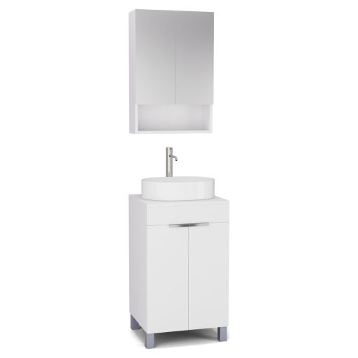 HD Paris Matt White 50 komplett fürdőszoba bútor álló mosdószekrénnyel, fényes króm elemekkel, matt fehér mosdópulttal és tükrös szekrénnyel