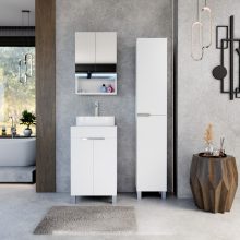 HD Paris Matt White 50 komplett fürdőszoba bútor álló mosdószekrénnyel, fényes króm elemekkel, matt fehér mosdópulttal és tükrös szekrénnyel