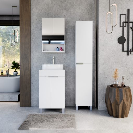 HD Paris Matt White 50 komplett fürdőszoba bútor álló mosdószekrénnyel, fényes króm elemekkel, matt fehér mosdópulttal és tükrös szekrénnyel