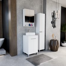 HD Paris Matt White 50 komplett fürdőszoba bútor álló mosdószekrénnyel, fényes króm elemekkel, matt fehér mosdópulttal és tükrös szekrénnyel