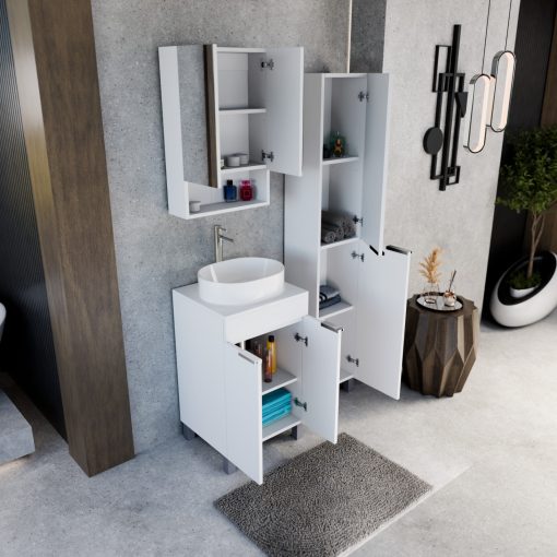 HD Paris Matt White 50 komplett fürdőszoba bútor álló mosdószekrénnyel, fényes króm elemekkel, matt fehér mosdópulttal és tükrös szekrénnyel