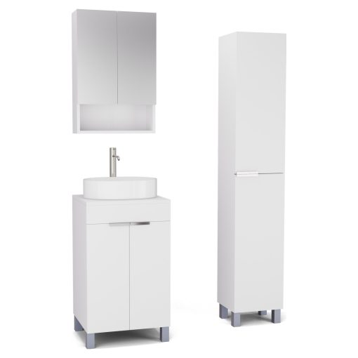 HD Paris Matt White 50 komplett fürdőszoba bútor szett álló mosdószekrénnyel, fényes króm elemekkel, matt fehér mosdópulttal, tükrös szekrénnyel és magasszekrénnyel