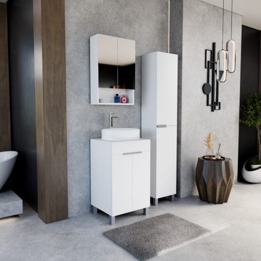 HD Paris Matt White 50 komplett fürdőszoba bútor szett álló mosdószekrénnyel, fényes króm elemekkel, matt fehér mosdópulttal, tükrös szekrénnyel és magasszekrénnyel