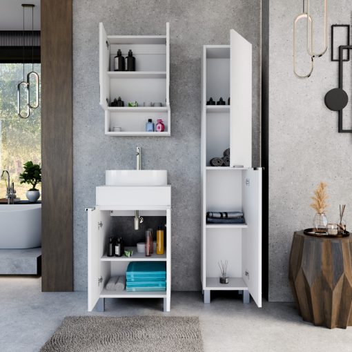 HD Paris Matt White 50 komplett fürdőszoba bútor szett álló mosdószekrénnyel, fényes króm elemekkel, matt fehér mosdópulttal, tükrös szekrénnyel és magasszekrénnyel