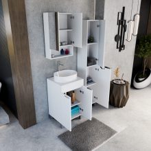 HD Paris Matt White 50 komplett fürdőszoba bútor szett álló mosdószekrénnyel, fényes króm elemekkel, matt fehér mosdópulttal, tükrös szekrénnyel és magasszekrénnyel