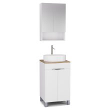 HD Paris Matt White 50 komplett fürdőszoba bútor álló mosdószekrénnyel, fényes króm elemekkel, tölgyfa színű mosdópulttal és tükrös szekrénnyel