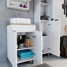 HD Paris Matt White 50 komplett fürdőszoba bútor álló mosdószekrénnyel, fényes króm elemekkel, tölgyfa színű mosdópulttal és tükrös szekrénnyel