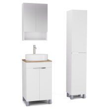 HD Paris Matt White 50 komplett fürdőszoba bútor szett álló mosdószekrénnyel, fényes króm elemekkel, tölgyfa színű mosdópulttal, tükrös szekrénnyel és magasszekrénnyel