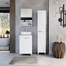 HD Paris Matt White 50 komplett fürdőszoba bútor szett álló mosdószekrénnyel, fényes króm elemekkel, tölgyfa színű mosdópulttal, tükrös szekrénnyel és magasszekrénnyel