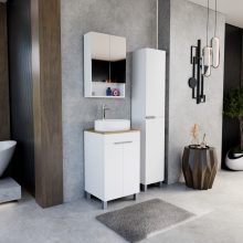 HD Paris Matt White 50 komplett fürdőszoba bútor szett álló mosdószekrénnyel, fényes króm elemekkel, tölgyfa színű mosdópulttal, tükrös szekrénnyel és magasszekrénnyel