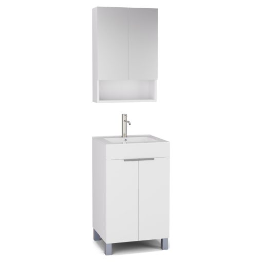 HD Paris Matt White 50 komplett fürdőszoba bútor álló mosdószekrénnyel, szálcsiszolt króm elemekkel, fényes fehér slim mosdóval és tükrös szekrénnyel