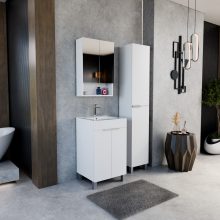 HD Paris Matt White 50 komplett fürdőszoba bútor szett álló mosdószekrénnyel, szálcsiszolt króm elemekkel, fényes fehér slim mosdóval, tükrös szekrénnyel és magasszekrénnyel