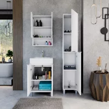 HD Paris Matt White 50 komplett fürdőszoba bútor szett álló mosdószekrénnyel, szálcsiszolt króm elemekkel, fényes fehér slim mosdóval, tükrös szekrénnyel és magasszekrénnyel