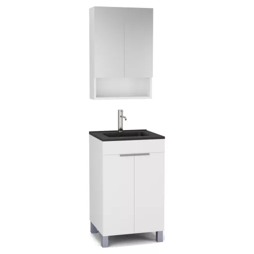 HD Paris Matt White 50 komplett fürdőszoba bútor álló mosdószekrénnyel, szálcsiszolt króm elemekkel, matt fekete slim mosdóval és tükrös szekrénnyel