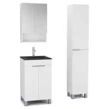 HD Paris Matt White 50 komplett fürdőszoba bútor szett álló mosdószekrénnyel, szálcsiszolt króm elemekkel, matt fekete slim mosdóval, tükrös szekrénnyel és magasszekrénnyel