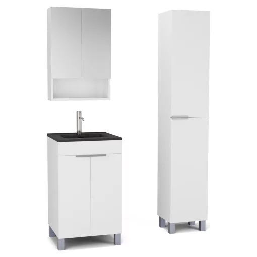 HD Paris Matt White 50 komplett fürdőszoba bútor szett álló mosdószekrénnyel, szálcsiszolt króm elemekkel, matt fekete slim mosdóval, tükrös szekrénnyel és magasszekrénnyel