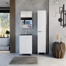 HD Paris Matt White 50 komplett fürdőszoba bútor szett álló mosdószekrénnyel, szálcsiszolt króm elemekkel, matt fekete slim mosdóval, tükrös szekrénnyel és magasszekrénnyel