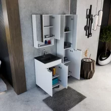 HD Paris Matt White 50 komplett fürdőszoba bútor szett álló mosdószekrénnyel, szálcsiszolt króm elemekkel, matt fekete slim mosdóval, tükrös szekrénnyel és magasszekrénnyel