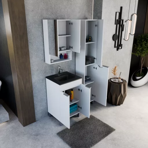 HD Paris Matt White 50 komplett fürdőszoba bútor szett álló mosdószekrénnyel, szálcsiszolt króm elemekkel, matt fekete slim mosdóval, tükrös szekrénnyel és magasszekrénnyel