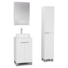 HD Paris Matt White 50 komplett fürdőszoba bútor szett álló mosdószekrénnyel, szálcsiszolt króm elemekkel, matt fehér mosdópulttal, tükrös szekrénnyel és magasszekrénnyel