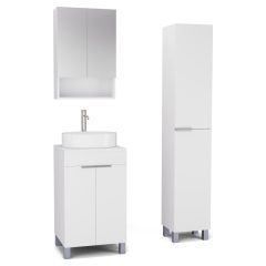   HD Paris Matt White 50 komplett fürdőszoba bútor szett álló mosdószekrénnyel, szálcsiszolt króm elemekkel, matt fehér mosdópulttal, tükrös szekrénnyel és magasszekrénnyel