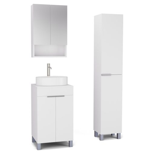 HD Paris Matt White 50 komplett fürdőszoba bútor szett álló mosdószekrénnyel, szálcsiszolt króm elemekkel, matt fehér mosdópulttal, tükrös szekrénnyel és magasszekrénnyel