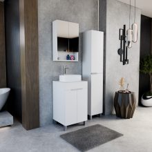 HD Paris Matt White 50 komplett fürdőszoba bútor szett álló mosdószekrénnyel, szálcsiszolt króm elemekkel, matt fehér mosdópulttal, tükrös szekrénnyel és magasszekrénnyel