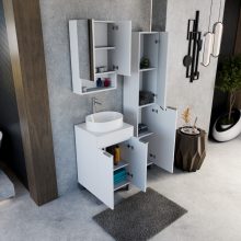 HD Paris Matt White 50 komplett fürdőszoba bútor szett álló mosdószekrénnyel, szálcsiszolt króm elemekkel, matt fehér mosdópulttal, tükrös szekrénnyel és magasszekrénnyel