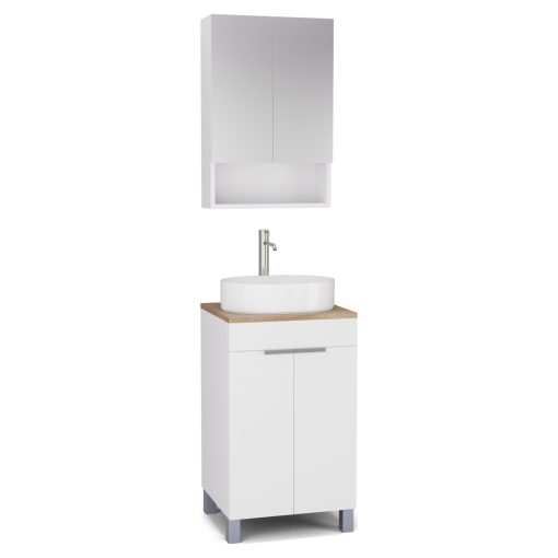 HD Paris Matt White 50 komplett fürdőszoba bútor álló mosdószekrénnyel, szálcsiszolt króm elemekkel, tölgyfa színű mosdópulttal és tükrös szekrénnyel