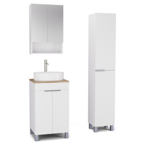 HD Paris Matt White 50 komplett fürdőszoba bútor szett álló mosdószekrénnyel, szálcsiszolt króm elemekkel, tölgyfa színű mosdópulttal, tükrös szekrénnyel és magasszekrénnyel