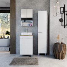 HD Paris Matt White 50 komplett fürdőszoba bútor szett álló mosdószekrénnyel, szálcsiszolt króm elemekkel, tölgyfa színű mosdópulttal, tükrös szekrénnyel és magasszekrénnyel