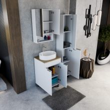 HD Paris Matt White 50 komplett fürdőszoba bútor szett álló mosdószekrénnyel, szálcsiszolt króm elemekkel, tölgyfa színű mosdópulttal, tükrös szekrénnyel és magasszekrénnyel