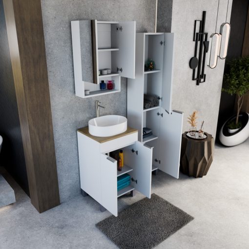 HD Paris Matt White 50 komplett fürdőszoba bútor szett álló mosdószekrénnyel, szálcsiszolt króm elemekkel, tölgyfa színű mosdópulttal, tükrös szekrénnyel és magasszekrénnyel