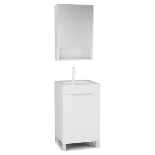 HD Paris Matt White 50 komplett fürdőszoba bútor álló mosdószekrénnyel, matt fehér elemekkel, fényes fehér slim mosdóval és tükrös szekrénnyel