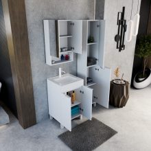 HD Paris Matt White 50 komplett fürdőszoba bútor álló mosdószekrénnyel, matt fehér elemekkel, fényes fehér slim mosdóval és tükrös szekrénnyel