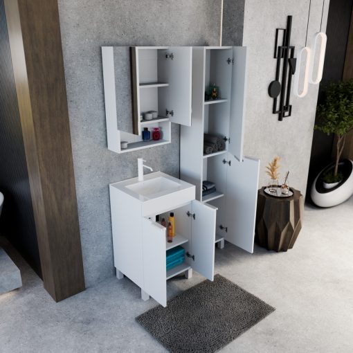 HD Paris Matt White 50 komplett fürdőszoba bútor álló mosdószekrénnyel, matt fehér elemekkel, fényes fehér slim mosdóval és tükrös szekrénnyel