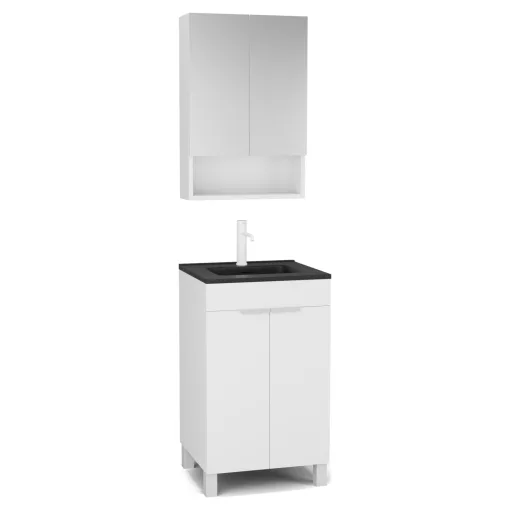 HD Paris Matt White 50 komplett fürdőszoba bútor álló mosdószekrénnyel, matt fehér elemekkel, matt fekete slim mosdóval és tükrös szekrénnyel