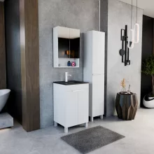 HD Paris Matt White 50 komplett fürdőszoba bútor álló mosdószekrénnyel, matt fehér elemekkel, matt fekete slim mosdóval és tükrös szekrénnyel