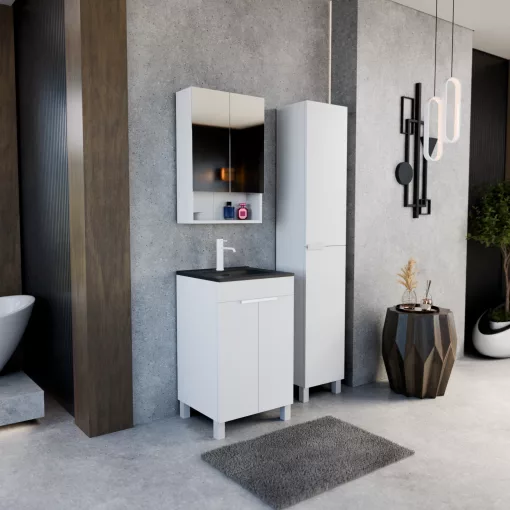 HD Paris Matt White 50 komplett fürdőszoba bútor álló mosdószekrénnyel, matt fehér elemekkel, matt fekete slim mosdóval és tükrös szekrénnyel