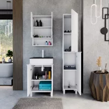 HD Paris Matt White 50 komplett fürdőszoba bútor álló mosdószekrénnyel, matt fehér elemekkel, matt fekete slim mosdóval és tükrös szekrénnyel