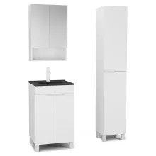 HD Paris Matt White 50 komplett fürdőszoba bútor szett álló mosdószekrénnyel, matt fehér elemekkel, matt fekete slim mosdóval, tükrös szekrénnyel és magasszekrénnyel