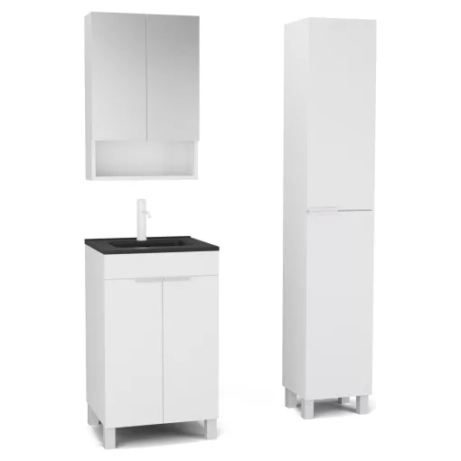 HD Paris Matt White 50 komplett fürdőszoba bútor szett álló mosdószekrénnyel, matt fehér elemekkel, matt fekete slim mosdóval, tükrös szekrénnyel és magasszekrénnyel