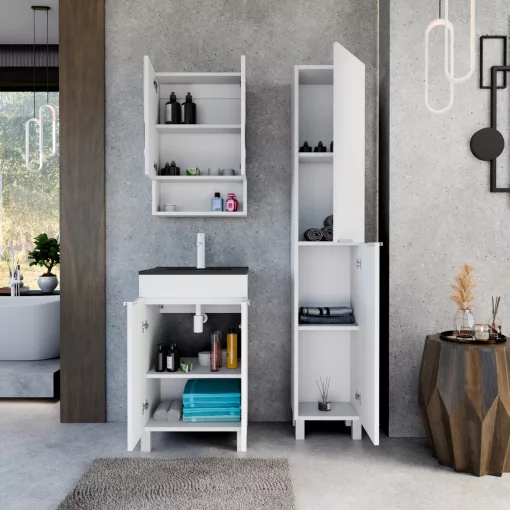 HD Paris Matt White 50 komplett fürdőszoba bútor szett álló mosdószekrénnyel, matt fehér elemekkel, matt fekete slim mosdóval, tükrös szekrénnyel és magasszekrénnyel